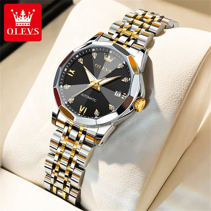 OLEVS Women's Watches Trend Elegant Sparkling Shining Diamond Scale Original Automatic Mechanical Wristwatch for Lady Waterproof