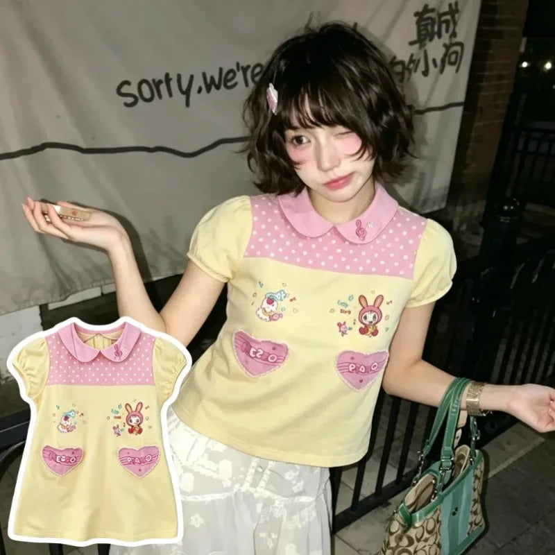 Girls Slim Subculture Two Piece Outfits Y2K Kawaii Japanese Printed Short Crop Tops Mini Skirts Vacation Vintage Casual Sets