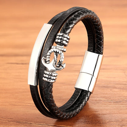 XQNI Luxury Vintage Multilayer Leather Men Bracelet Bead Bracelet Stainless Steel Charm Jewelry Male Wrist Bangle Birthday Gift