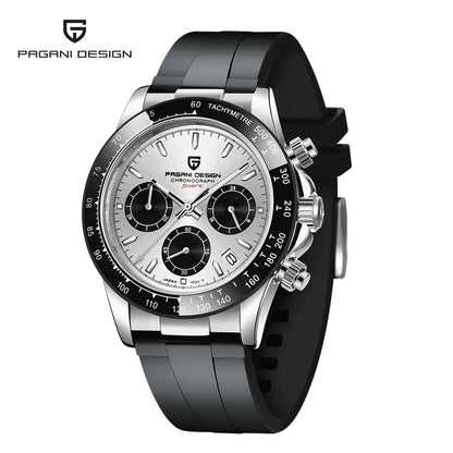PAGANI DESIGN Men Quartz Chronograph Watch RoseGold Case Black Ceramic Bezel Brown Dial Rubber Strap Waterproof Sports watch+box