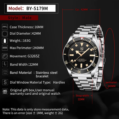 2025 New BENYAR Automatic Watches Men's watch Luxury Mechanical Wristwatch Top Stainless Steel Waterproof Sports Clock Man Gifts