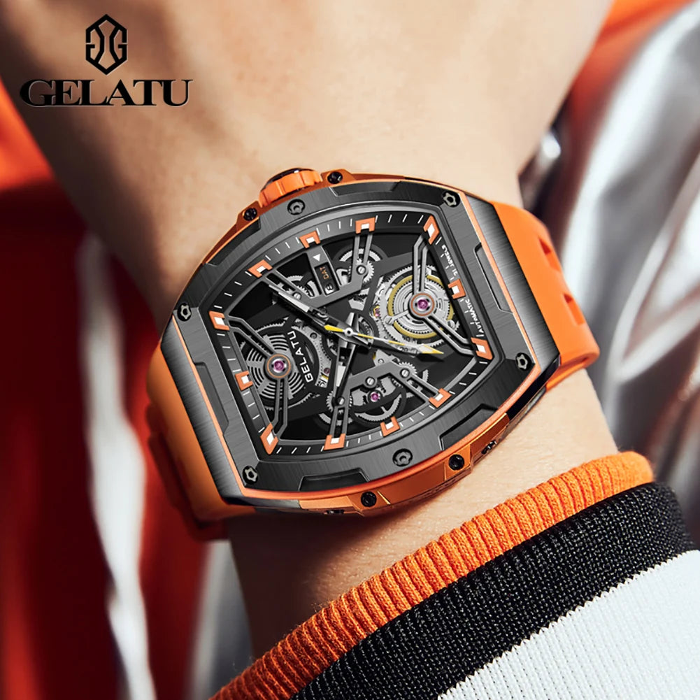 GELATU Men's Watches Trend Fashion Hollow Out Self-winding Automatic Mechanical Wristwatch Sapphire Mirror Waterproof Luminous