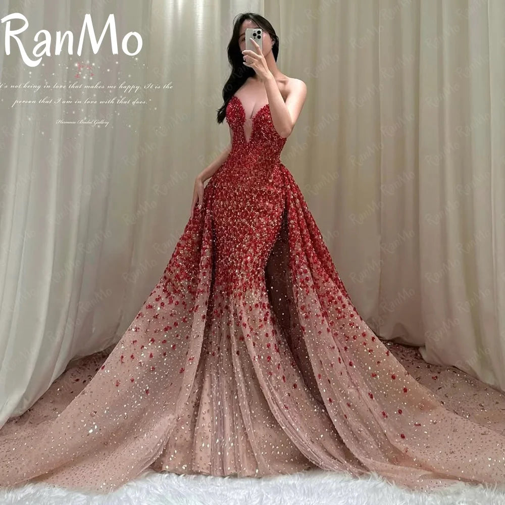 Ranmo 2025 New Customised Evening Dress Luxury Sweetheart Beaded Party Gown Sleeveless Mermaid Floor-Length Party Dress فسات