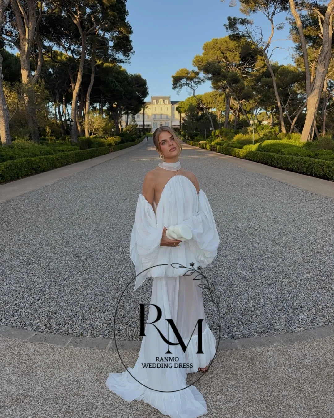 Ranmo Modern White Illusion Chiffon Long Women Party Dresses Off Shoulder With Puff Sleeves Pretty Wedding Party Dress