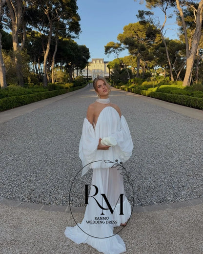 Ranmo Modern White Illusion Chiffon Long Women Party Dresses Off Shoulder With Puff Sleeves Pretty Wedding Party Dress