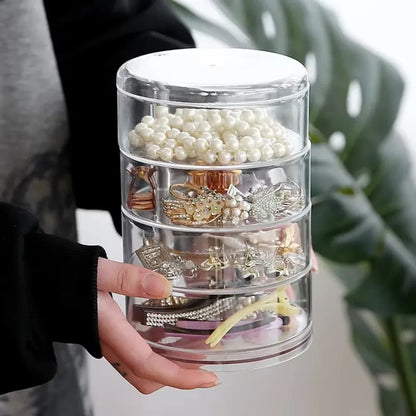 360 Rotating Jewelry Organizer Clear Plastic Storage Box Compact Multi-Layer Earring Ring Holder Dustproof Desktop Display Case