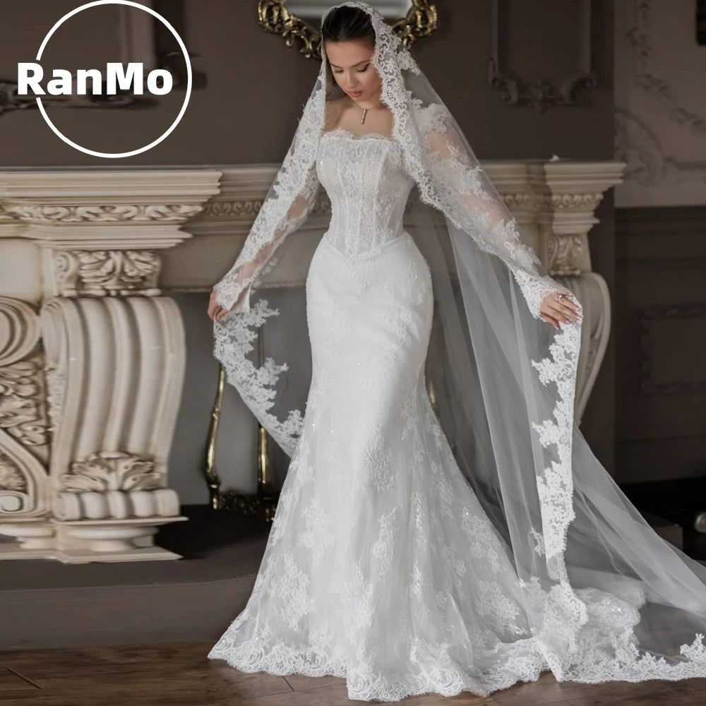 Ranmo New Exquisite Mermaid Wedding Dress Square Collar Sequined Lace Bridal Gown 2026 Floor-Length Customized Vestidos De Novia