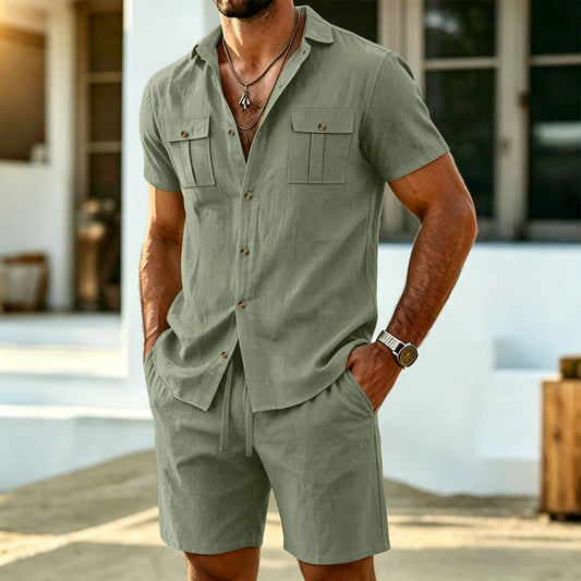 New summer men's linen outdoor casual 2-piece set - Business casual short-sleeved shirt + shorts beach sports breathable street