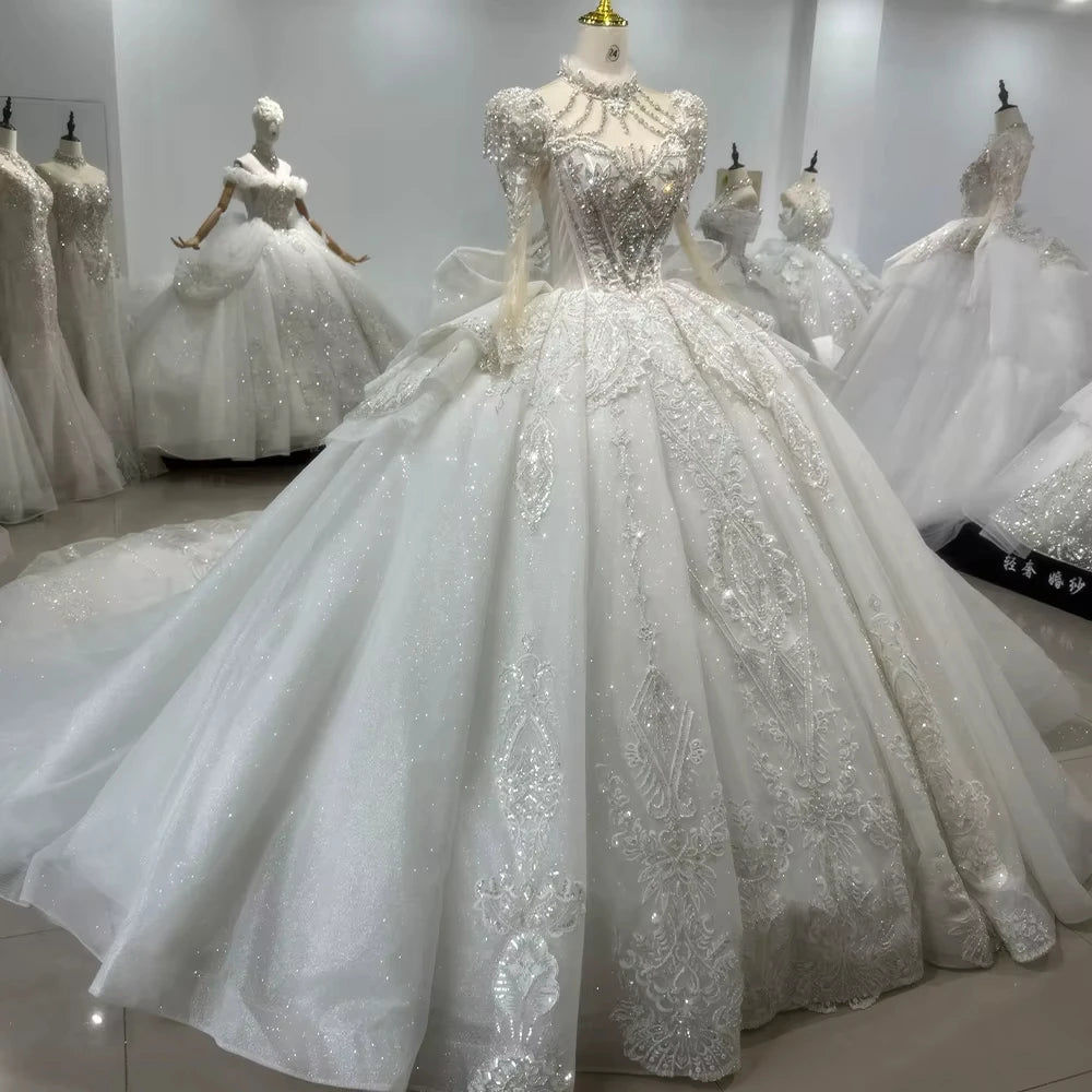 Long Sleeve Wedding Gown High Lace Up Keyhole Back Wedding Dress Beading Sequined Crystal Ball Gown Bridal Dress