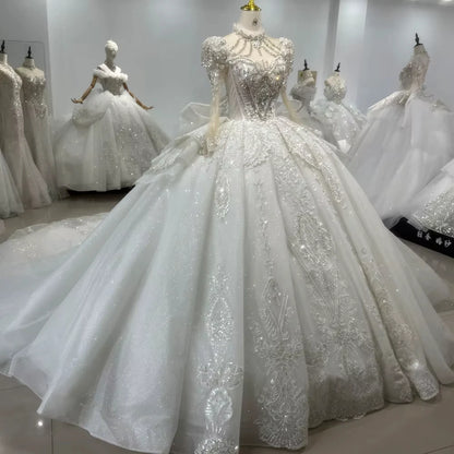 Long Sleeve Wedding Gown High Lace Up Keyhole Back Wedding Dress Beading Sequined Crystal Ball Gown Bridal Dress