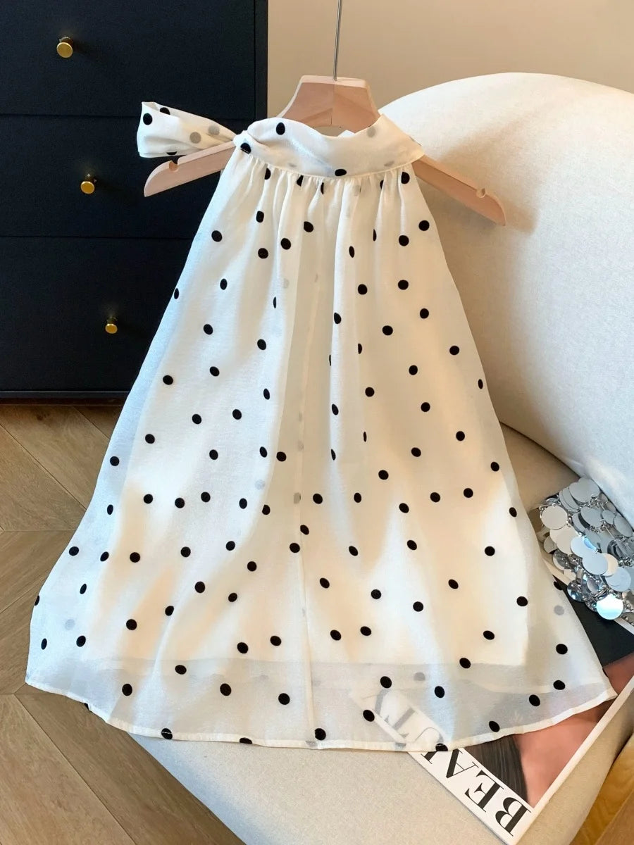Summer Polka Dot  Knot Tie Neck Sleeveless Vest Women's Fashionable Ageless Slimming Top Polyester Fiber Gown