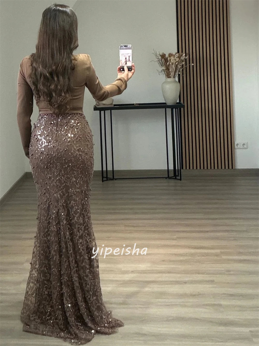 Customized High Quality Fashion Jersey Sequined Beading Mermaid Square Neck Long Dresses Bespoke Occasion Dresses Matching Sexy