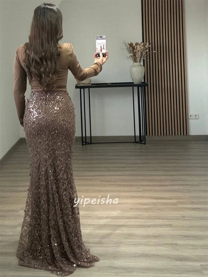 Customized High Quality Fashion Jersey Sequined Beading Mermaid Square Neck Long Dresses Bespoke Occasion Dresses Matching Sexy