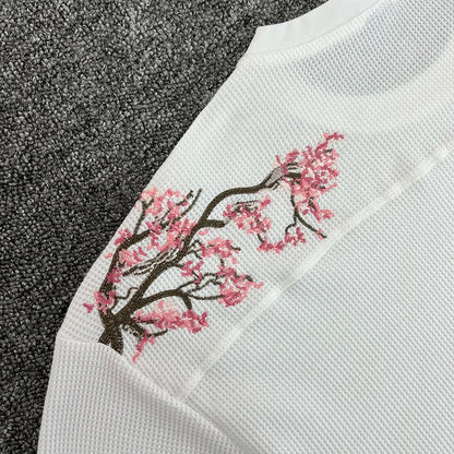 26ss DERSCHUTZE Long Sleeved White Waffle Patterned Cherry Blossom Embroidered T-shirt Loose Casual Top DERSCHUTZE Top Tee