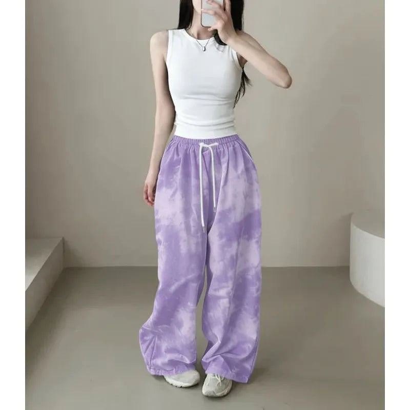 2026 Korean Version Pants Women's Tie-dye Loose Fashion Casual Drawstring Large Size Camouflage Printing Wide-leg Floor Pants