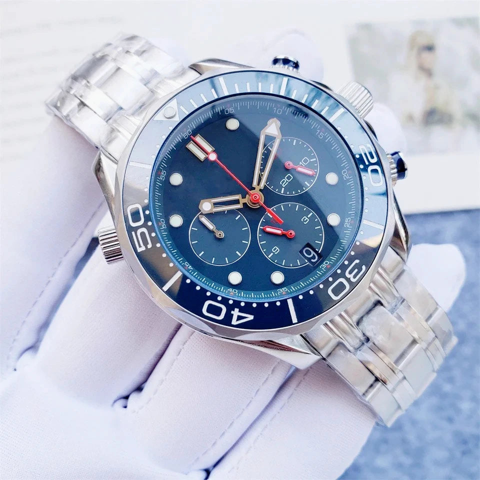 43mm Mens Elegant Luxury Quartz Chronograph Watches Brushed 904L Stainless Steel Construction Durable Sapphire Glass Sweat Proof