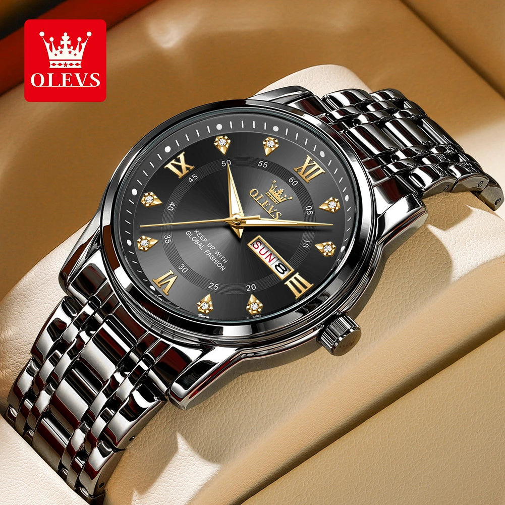 OLEVS Brand Fashion men's watches stainless steel waterproof Quartz wristwatch luminous Original watch for man Dual Calendar