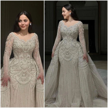 Luxurious Lace Crystal Bead Mermaid Wedding Dress With Sweetheart Long Sleeves And Detachable Trailing Bridal Gown Customized