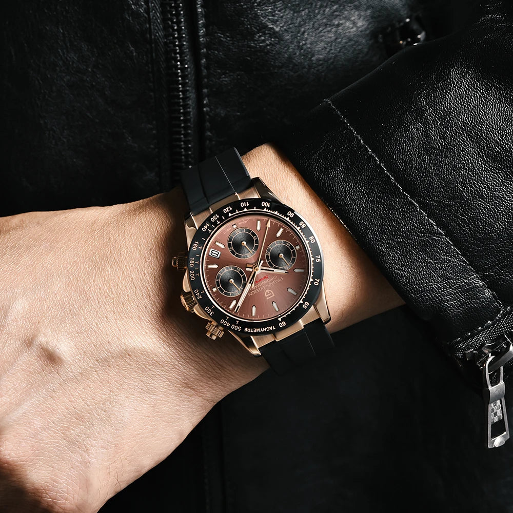 PAGANI DESIGN Men Quartz Chronograph Watch RoseGold Case Black Ceramic Bezel Brown Dial Rubber Strap Waterproof Sports watch+box