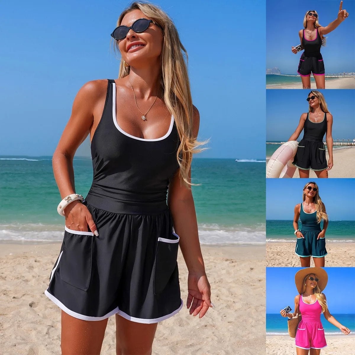 Trim Swimsuit Side Pockets Bathing Suit