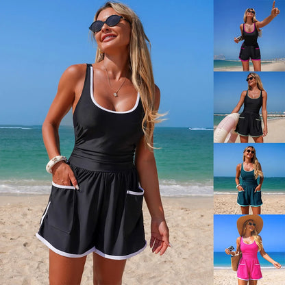 Trim Swimsuit Side Pockets Bathing Suit