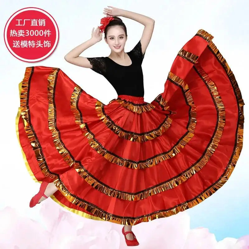 Skirt Gypsy Woman Spanish Flamenco Polyester Satin Smooth Big Swing Carnival Party Ballroom Belly Dance Costumes Dress