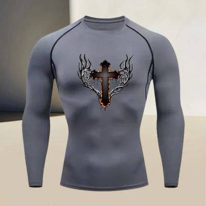 Men's round neck quick drying compression long sleeved printed top - a must-have for high stretch fitness and outdoor sports