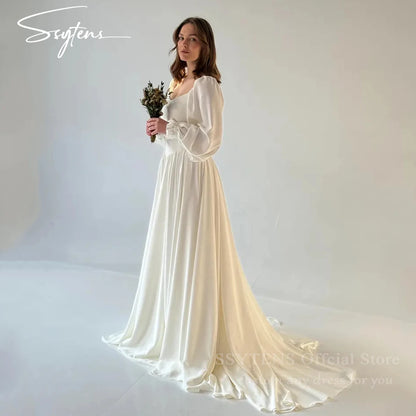 SSYTENS Customized Simple Beach Wedding Dresses Strapless Long Sleeves Bridal Gowns Formal Ceremony Prom Party Wear for Brides