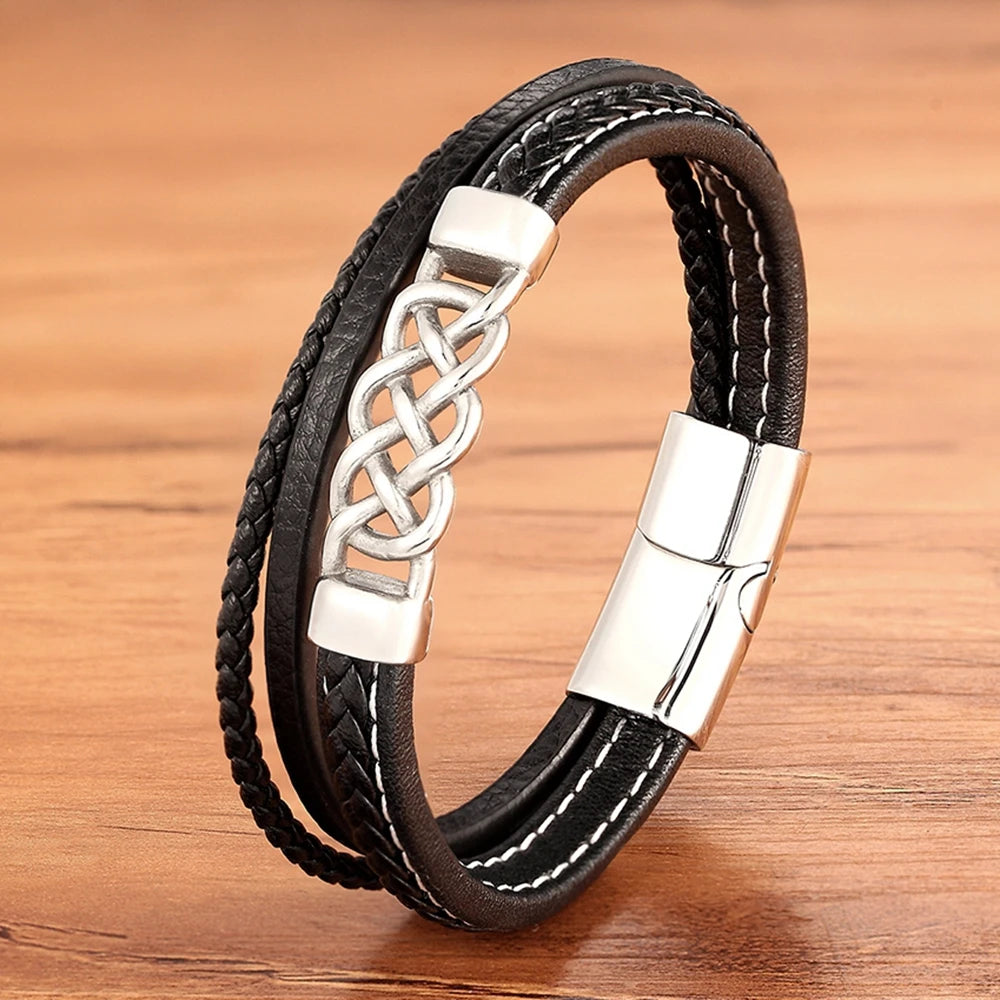 XQNI Luxury Vintage Multilayer Leather Men Bracelet Bead Bracelet Stainless Steel Charm Jewelry Male Wrist Bangle Birthday Gift