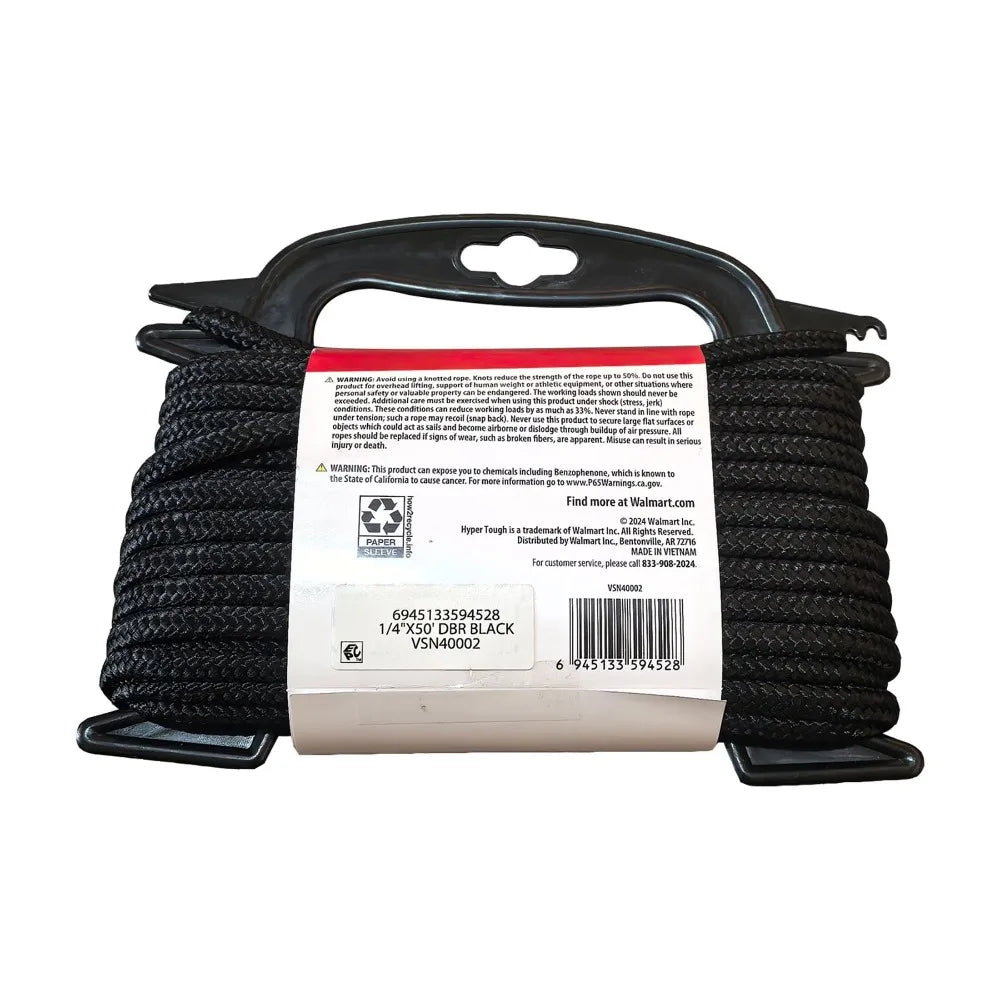 Black Polypropylene Diamond Braid Rope 1/4 Inch Diameter 50 Feet Length for Marine Outdoor Boating Camping Heavy Duty
