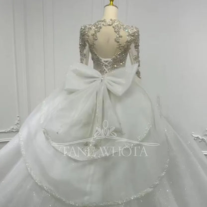 Luxury Wedding Dress With Long Sleeves Crystal Sequined Bow Keyhole Back O-Neck Lace-Up Ball Gown For Women