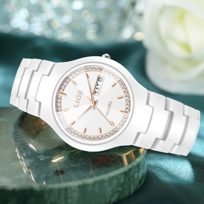 LIGE Brand Woman Watch Ceramics Strap Simple Waterproof Calendar Week Quartz Watches for Women Elegant Ladies Bracelet for Gifts