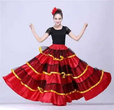 Skirt Gypsy Woman Spanish Flamenco Polyester Satin Smooth Big Swing Carnival Party Ballroom Belly Dance Costumes Dress