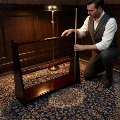 Floor-Standing Cue Rack Lower Shelf Wood Cue Rack Pool Stick Holder Trapezoid Profile Game Room Storage Furniture-Grade