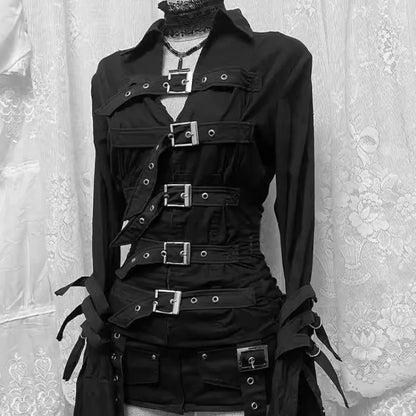 Korean Black Shirt Niche Design High-end Unique Top 2026 Spring  Autumn New Personalized Dark Style Female Tide Street Hipster