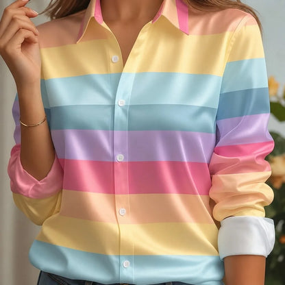 Women Satin Lapel Collar Shirt Pastel Striped Print Long Sleeve Loose Blouse Elegant Office Daily Casual Button Front Silk Feel
