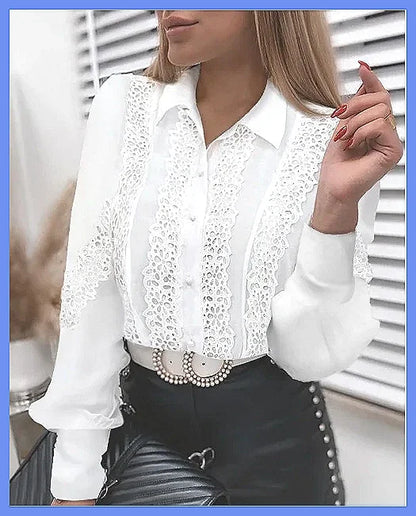 Elegant White Lace Hollow Panel Long Sleeve Blouse for Women, Office Lady Solid Top