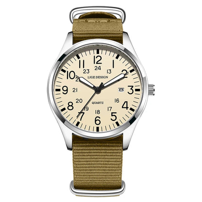 LIGE 2025 TOP NEW quartz wristwatch Arabic Watch for Men Luminous Green Nylon Luxury Leather Wrist Men Watch Montre Homme+BOX