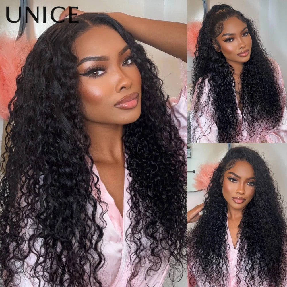 UNice Bye Bye Knots 7x5 Lace Water Wave Curly Wig With Drawstring Pre Cut Pre Bleached Glueless Wig Human Hair Ready To Wear