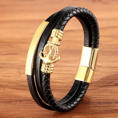 XQNI Luxury Vintage Multilayer Leather Men Bracelet Bead Bracelet Stainless Steel Charm Jewelry Male Wrist Bangle Birthday Gift
