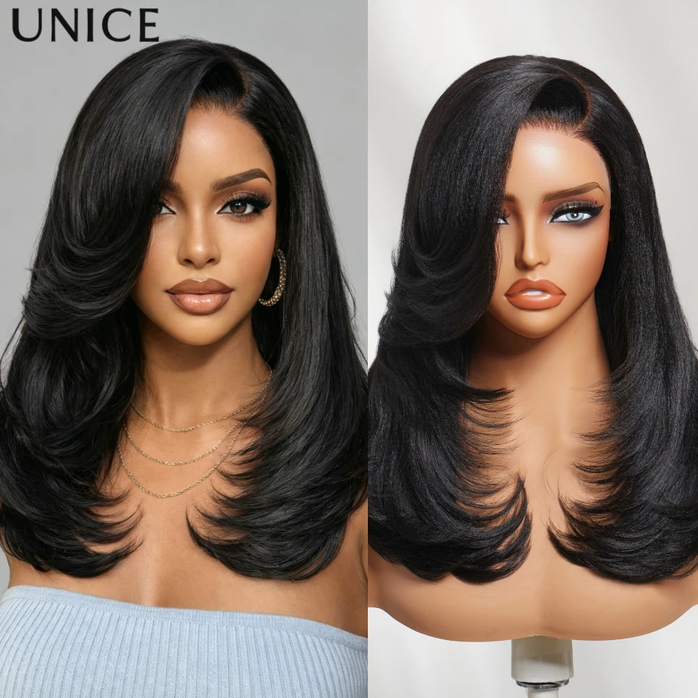 UNice Bye-Bye Knots™ 7x5 Lace Pre Layered Side Part Yaki Straight Wig Human Hair Glueless Wig Short Bob Wigs 150% Density