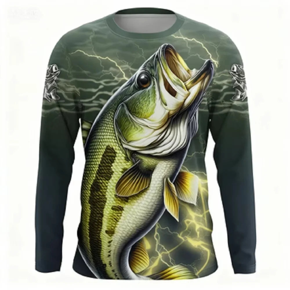 Fashionable Bass Pattern Crew Neck Long Sleeve T-Shirt Trendy Print Casual Top for Men and Women