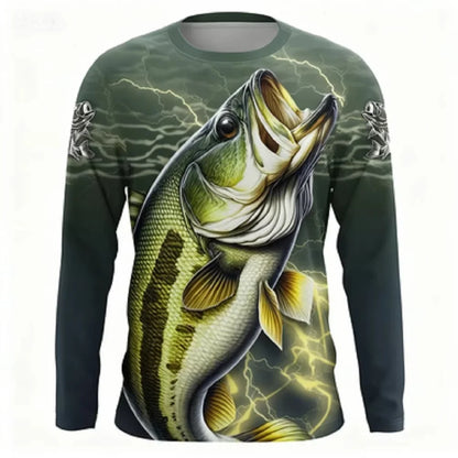 Fashionable Bass Pattern Crew Neck Long Sleeve T-Shirt Trendy Print Casual Top for Men and Women