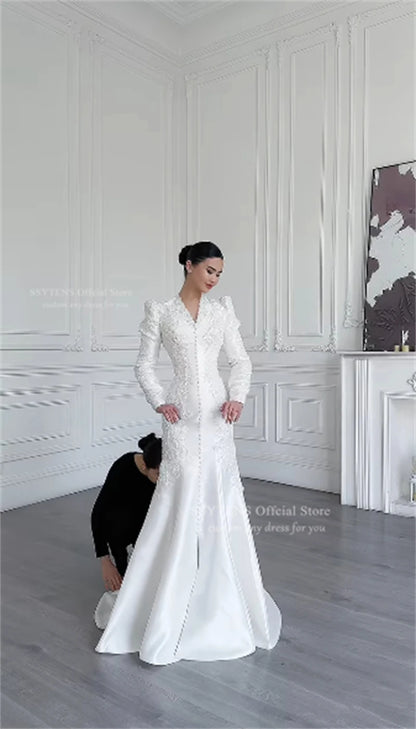 SSYTENS Modest Ivory Wedding Dresses Full Sleeve Appliques Mermaid Saudi Bridal Gown Elegant Lace White Bride Dresses Customized
