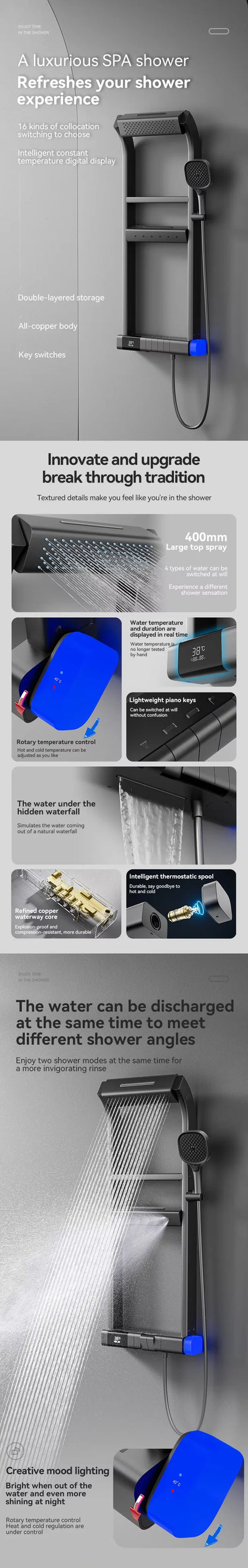 Copper Rainfall Shower Head Set Digital Display Light Emitting Diode Faucet Household Bath Faucets Constant Temperature Ceramic