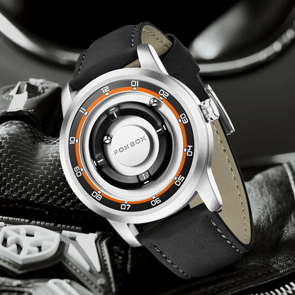 FOXBOX Magnetic Driven Watch Fashion Waterproof Quartz Wristwatch Rolling Steel Ball Pointer Sports Watches Military Clock+Box