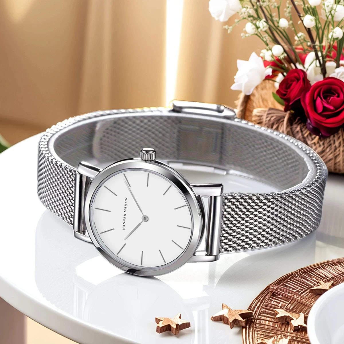 Women's Watch Hannah Martin Brand Stainless Steel Mesh Strap 36mm Silver Minimalist Dial Japanese Quartz Movement 6.9mm Slim Clock 3Bar Life Waterproof Local Fast Shipping Women Watch