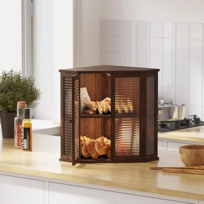 Corner bread box Bread Box for Kitchen Countertop - Corner Bread Storage Box 16.5" H, Premium Wood with Glass Door, Perfect for