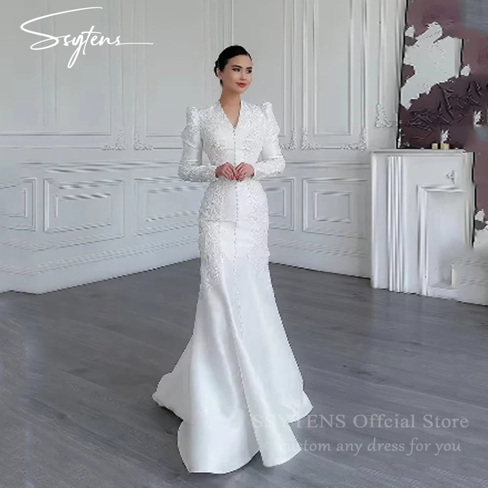 SSYTENS Modest Ivory Wedding Dresses Full Sleeve Appliques Mermaid Saudi Bridal Gown Elegant Lace White Bride Dresses Customized