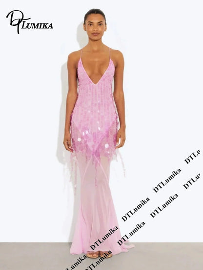DTLumika Pale Yellow Sequin Slip Maxi Party Dress Beach Holiday Dresses for Women Spaghetti Straps Long Sheath Vacation Gowns